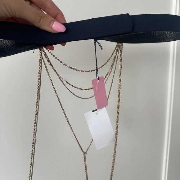 NWT Oscar De La Renta Navy Leather Belt With Gold-tone Chain Drape Accent - Picture 6 of 8